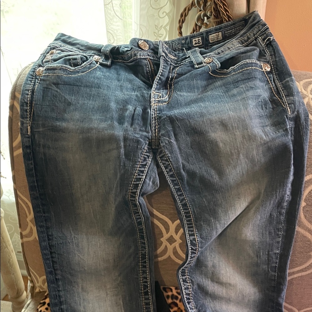 Miss Me Dark Blue Denim Jeans with Cream Stitching cropped or straight 27 in ins - Picture 7 of 10